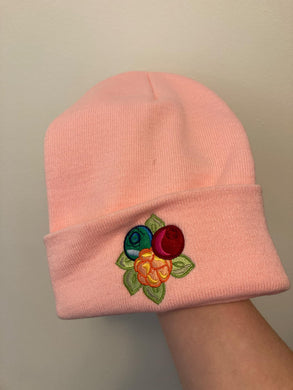 9 left - Pink Berries Beanie with green blueberry embroidery mistake